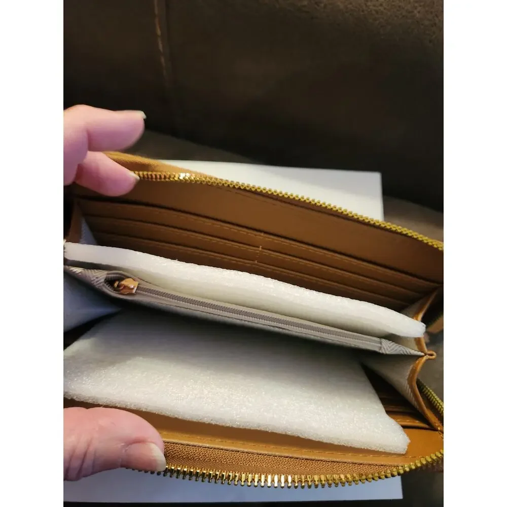 Badgley Mischka Brown faux suede Zip Around Wallet NWT Gold Plaque